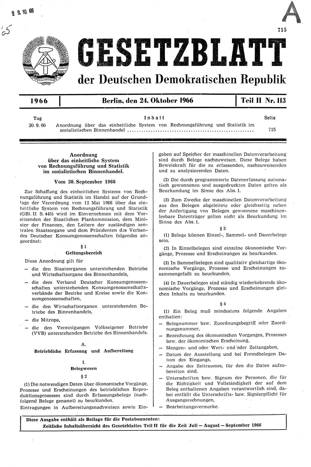 Gesetzblatt (GBl.) der Deutschen Demokratischen Republik (DDR) Teil ⅠⅠ 1966, Seite 715 (GBl. DDR ⅠⅠ 1966, S. 715)