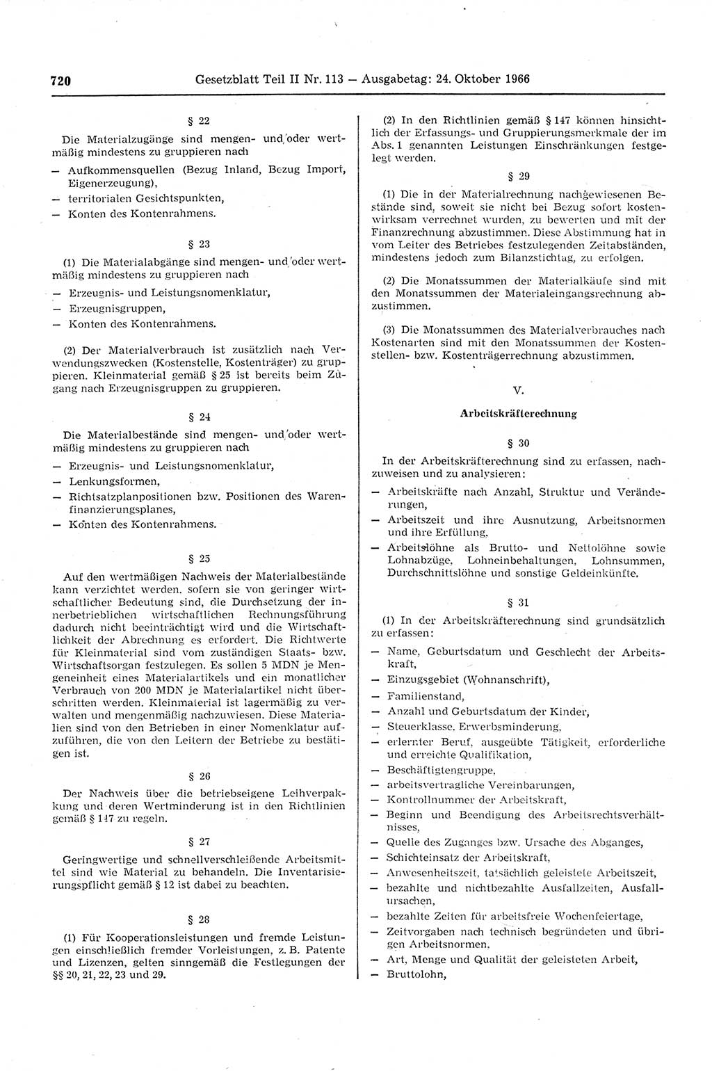 Gesetzblatt (GBl.) der Deutschen Demokratischen Republik (DDR) Teil ⅠⅠ 1966, Seite 720 (GBl. DDR ⅠⅠ 1966, S. 720)