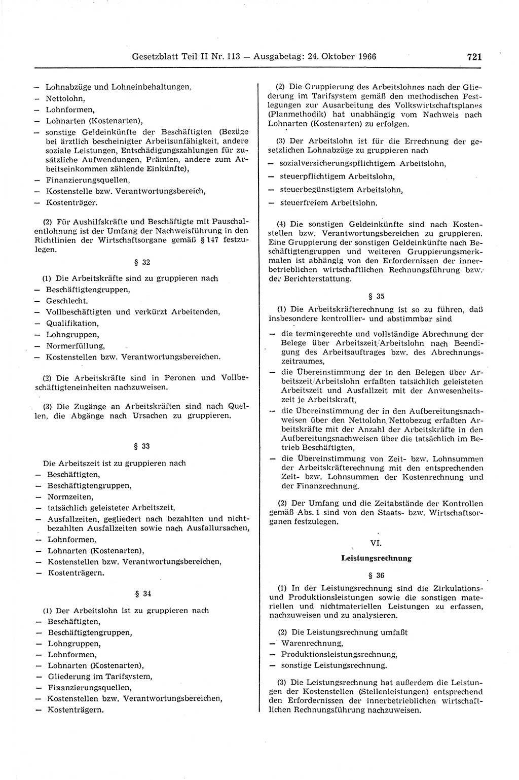 Gesetzblatt (GBl.) der Deutschen Demokratischen Republik (DDR) Teil ⅠⅠ 1966, Seite 721 (GBl. DDR ⅠⅠ 1966, S. 721)