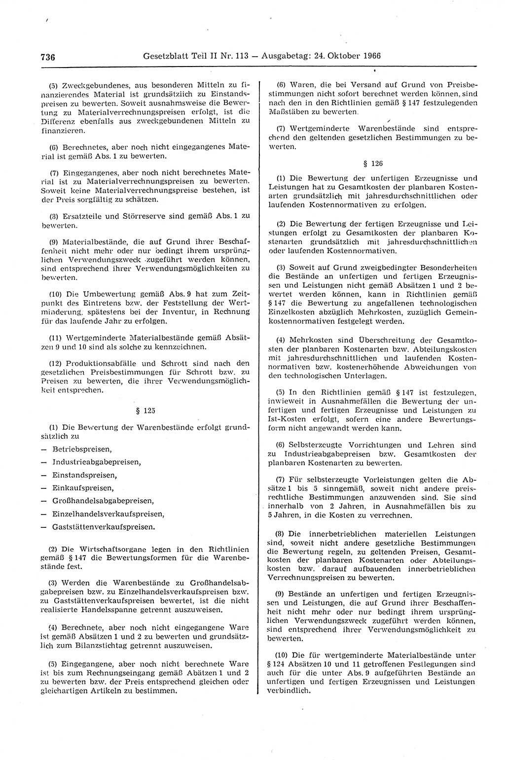 Gesetzblatt (GBl.) der Deutschen Demokratischen Republik (DDR) Teil ⅠⅠ 1966, Seite 736 (GBl. DDR ⅠⅠ 1966, S. 736)