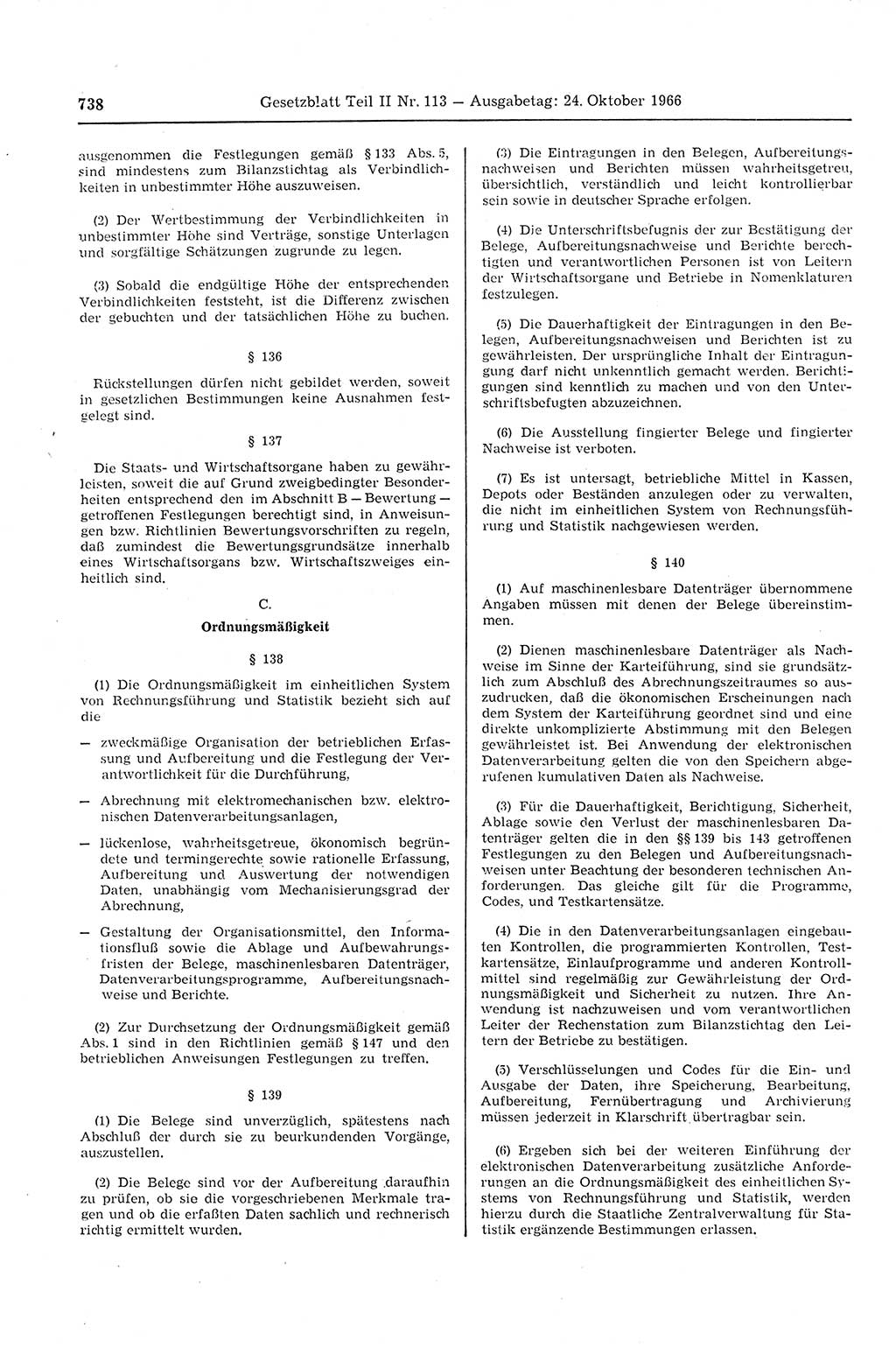 Gesetzblatt (GBl.) der Deutschen Demokratischen Republik (DDR) Teil ⅠⅠ 1966, Seite 738 (GBl. DDR ⅠⅠ 1966, S. 738)
