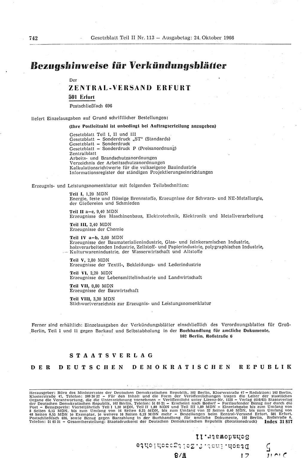 Gesetzblatt (GBl.) der Deutschen Demokratischen Republik (DDR) Teil ⅠⅠ 1966, Seite 742 (GBl. DDR ⅠⅠ 1966, S. 742)