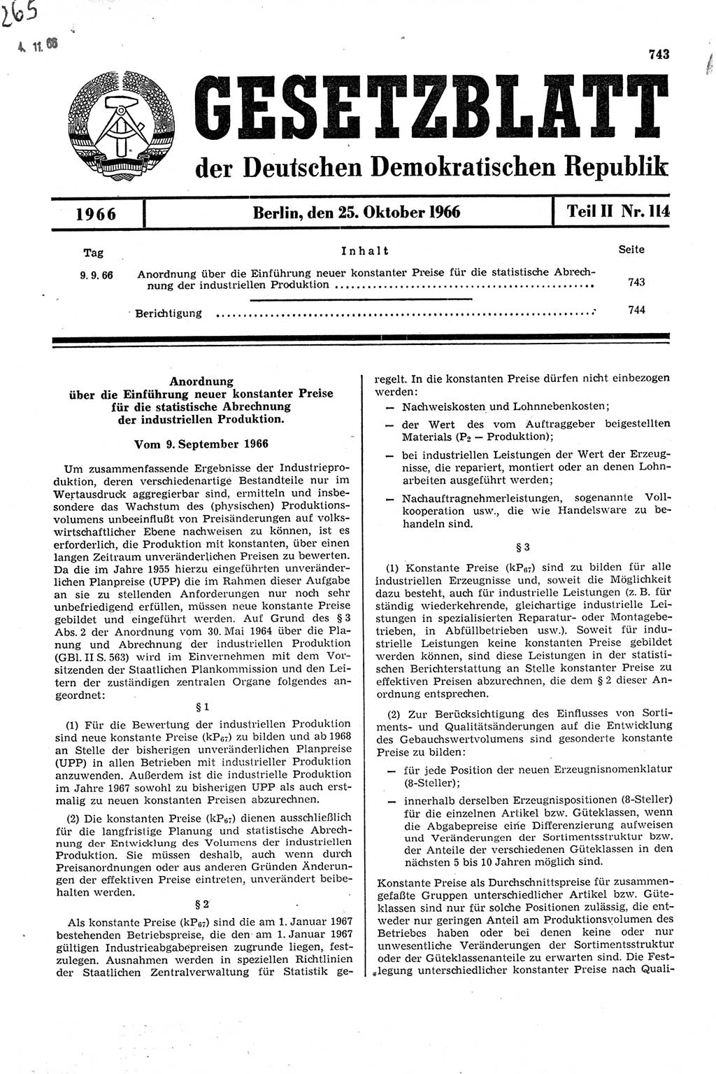 Gesetzblatt (GBl.) der Deutschen Demokratischen Republik (DDR) Teil ⅠⅠ 1966, Seite 743 (GBl. DDR ⅠⅠ 1966, S. 743)
