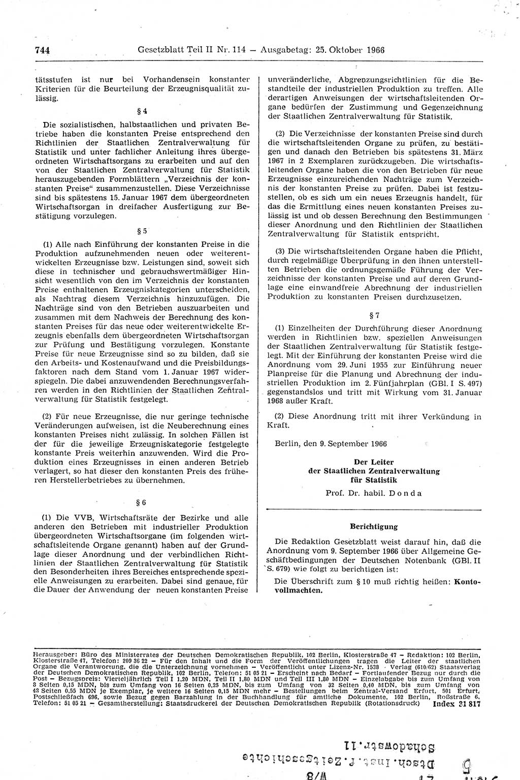 Gesetzblatt (GBl.) der Deutschen Demokratischen Republik (DDR) Teil ⅠⅠ 1966, Seite 744 (GBl. DDR ⅠⅠ 1966, S. 744)