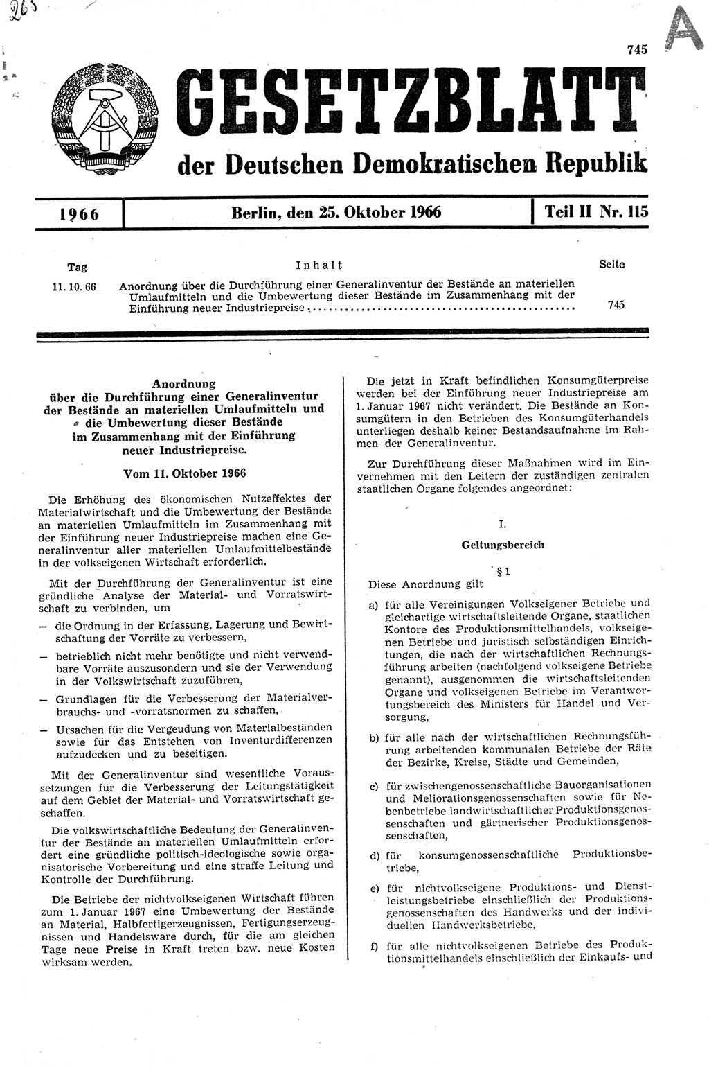 Gesetzblatt (GBl.) der Deutschen Demokratischen Republik (DDR) Teil ⅠⅠ 1966, Seite 745 (GBl. DDR ⅠⅠ 1966, S. 745)