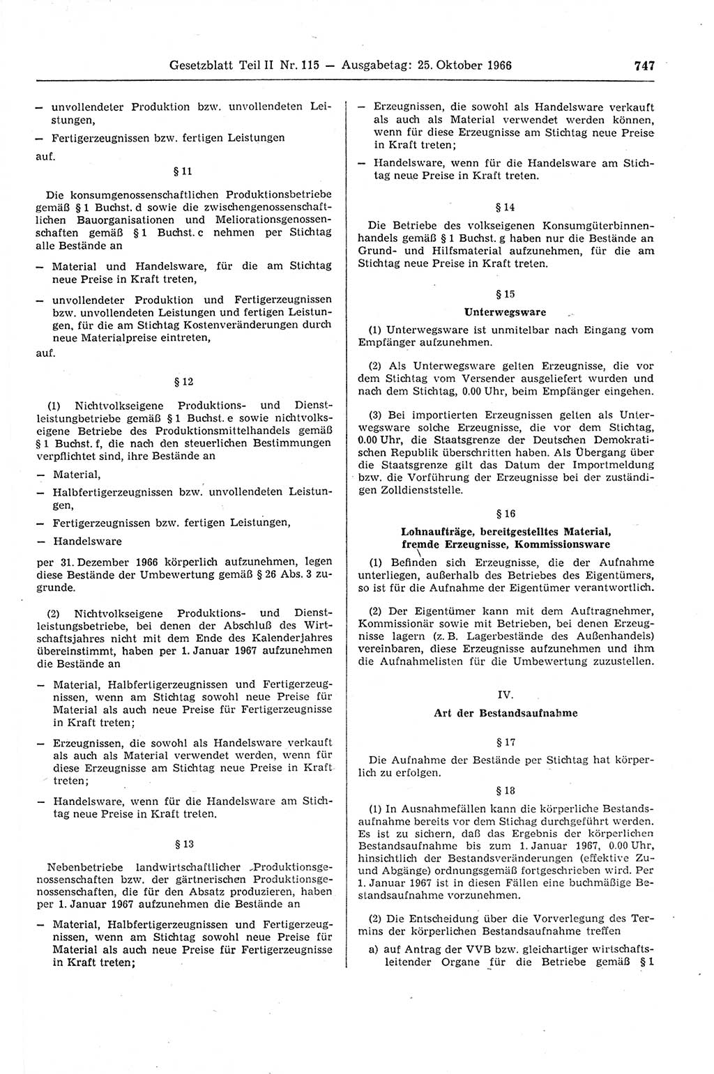 Gesetzblatt (GBl.) der Deutschen Demokratischen Republik (DDR) Teil ⅠⅠ 1966, Seite 747 (GBl. DDR ⅠⅠ 1966, S. 747)