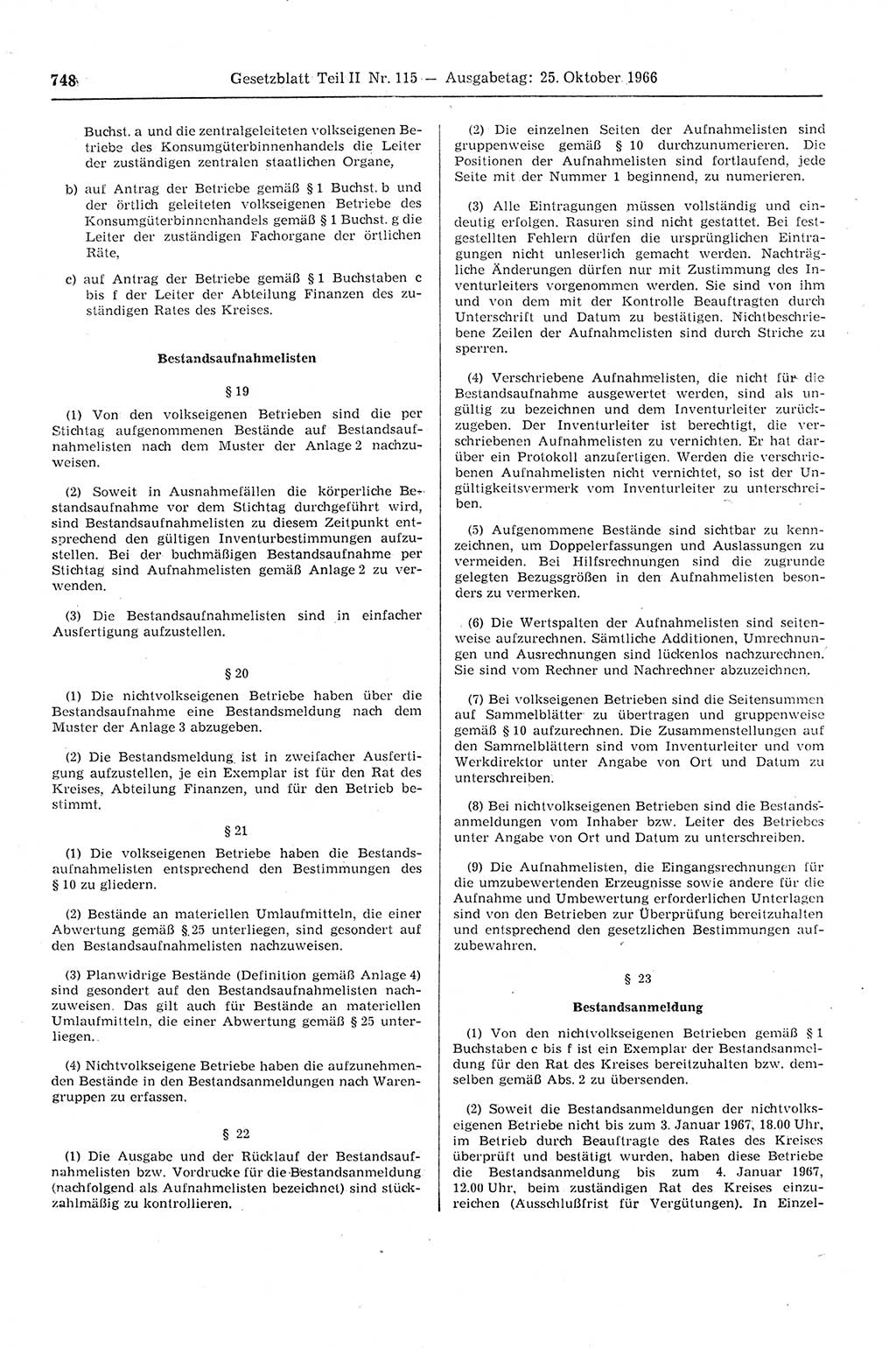 Gesetzblatt (GBl.) der Deutschen Demokratischen Republik (DDR) Teil ⅠⅠ 1966, Seite 748 (GBl. DDR ⅠⅠ 1966, S. 748)