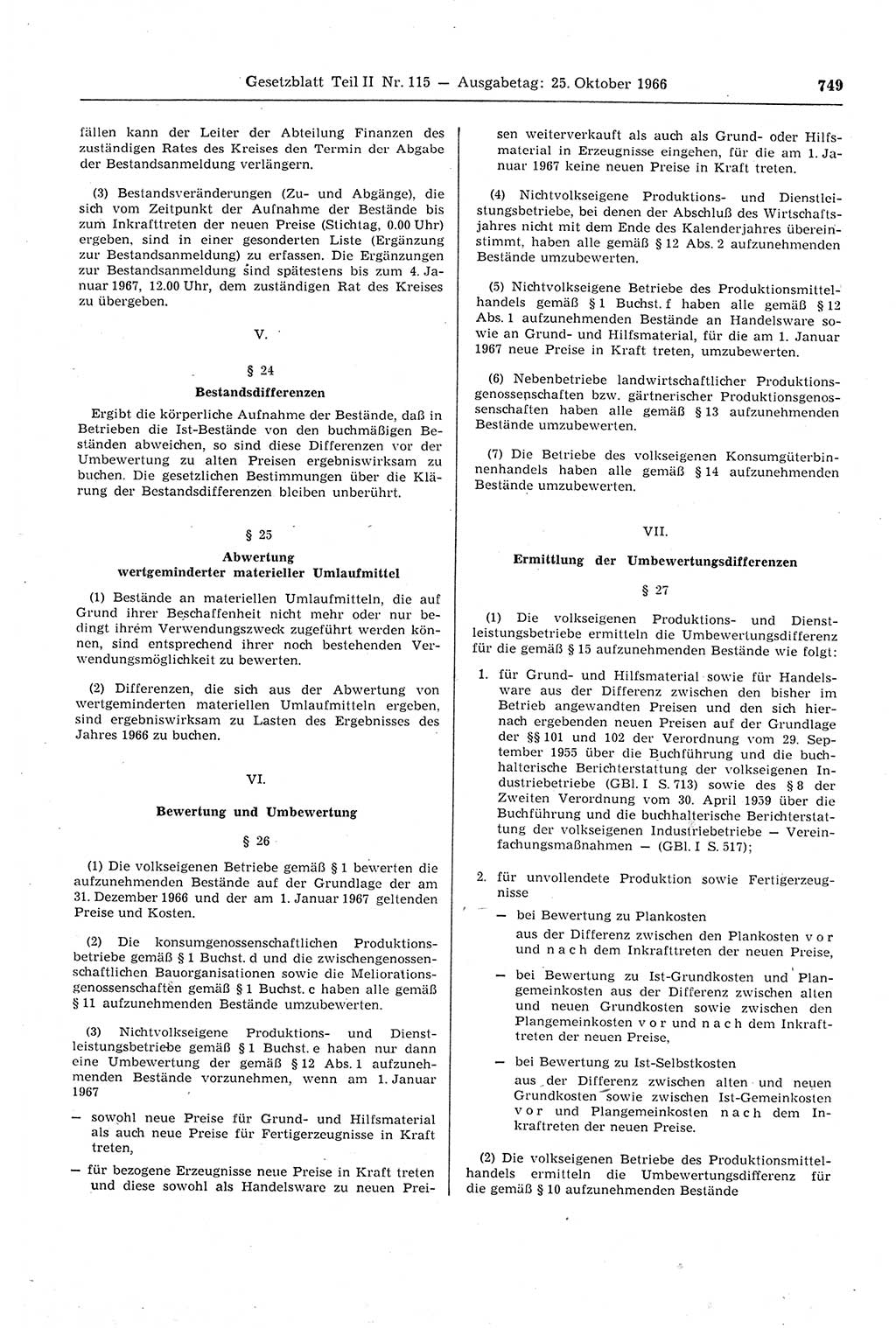 Gesetzblatt (GBl.) der Deutschen Demokratischen Republik (DDR) Teil ⅠⅠ 1966, Seite 749 (GBl. DDR ⅠⅠ 1966, S. 749)