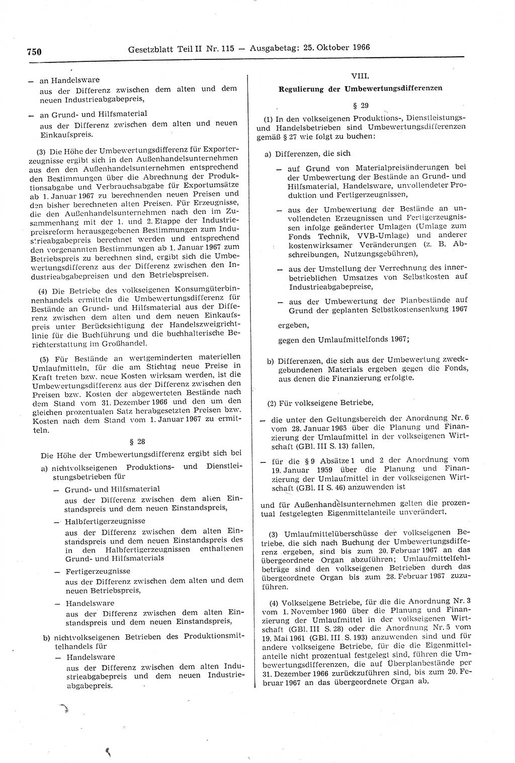 Gesetzblatt (GBl.) der Deutschen Demokratischen Republik (DDR) Teil ⅠⅠ 1966, Seite 750 (GBl. DDR ⅠⅠ 1966, S. 750)