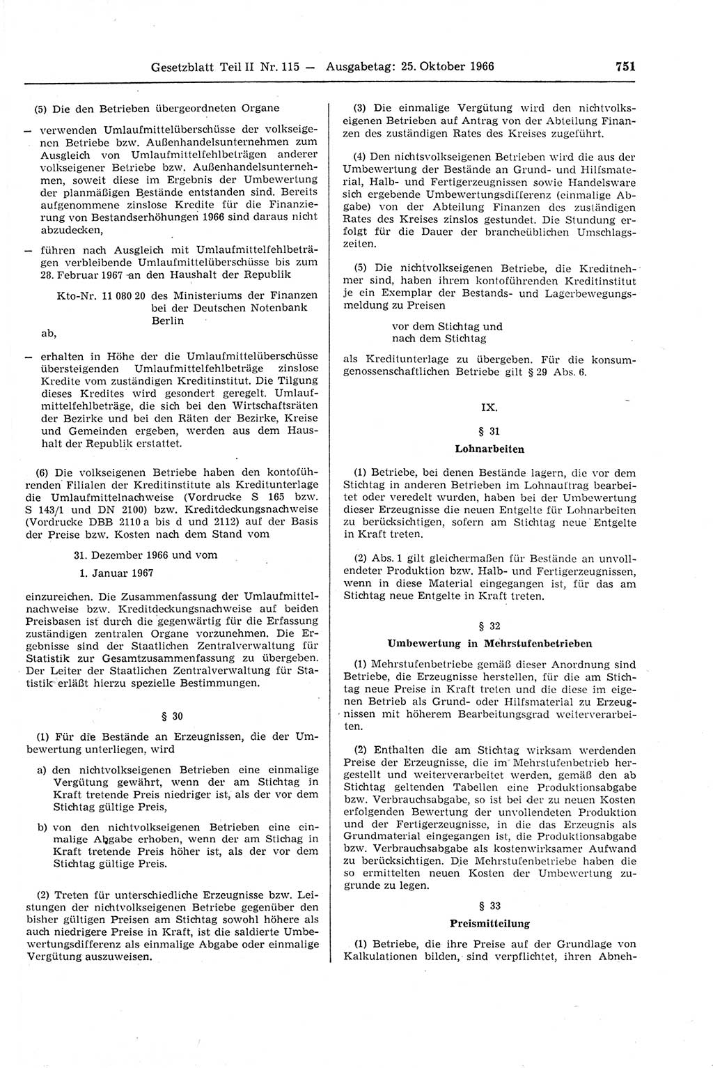 Gesetzblatt (GBl.) der Deutschen Demokratischen Republik (DDR) Teil ⅠⅠ 1966, Seite 751 (GBl. DDR ⅠⅠ 1966, S. 751)