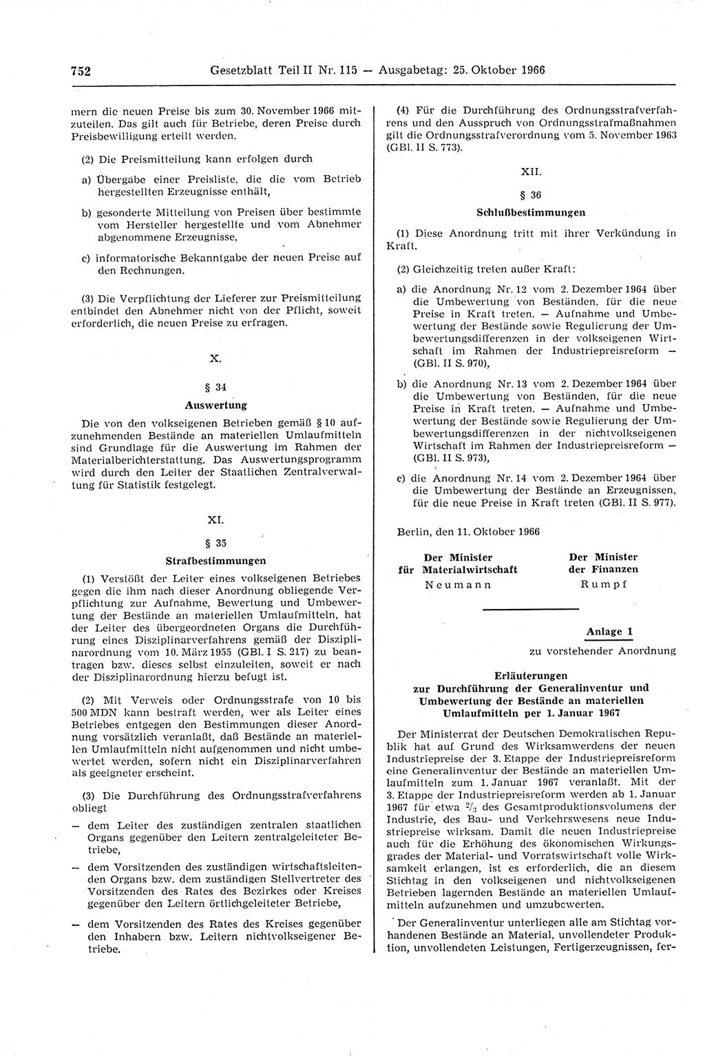 Gesetzblatt (GBl.) der Deutschen Demokratischen Republik (DDR) Teil ⅠⅠ 1966, Seite 752 (GBl. DDR ⅠⅠ 1966, S. 752)