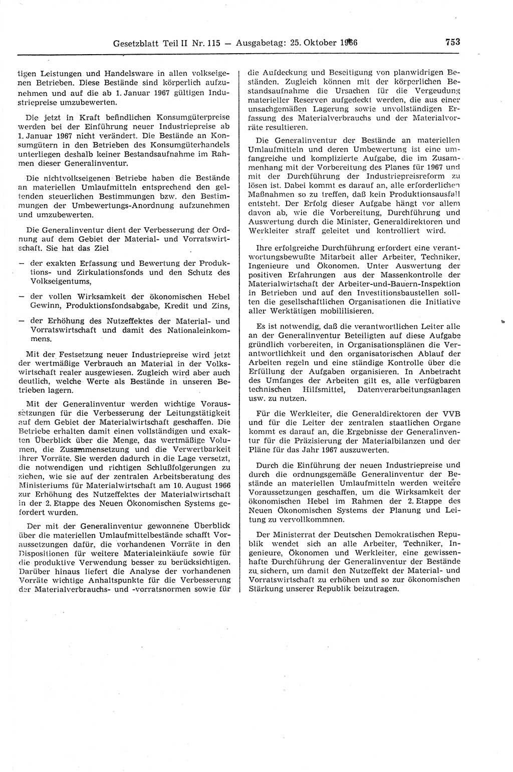 Gesetzblatt (GBl.) der Deutschen Demokratischen Republik (DDR) Teil ⅠⅠ 1966, Seite 753 (GBl. DDR ⅠⅠ 1966, S. 753)