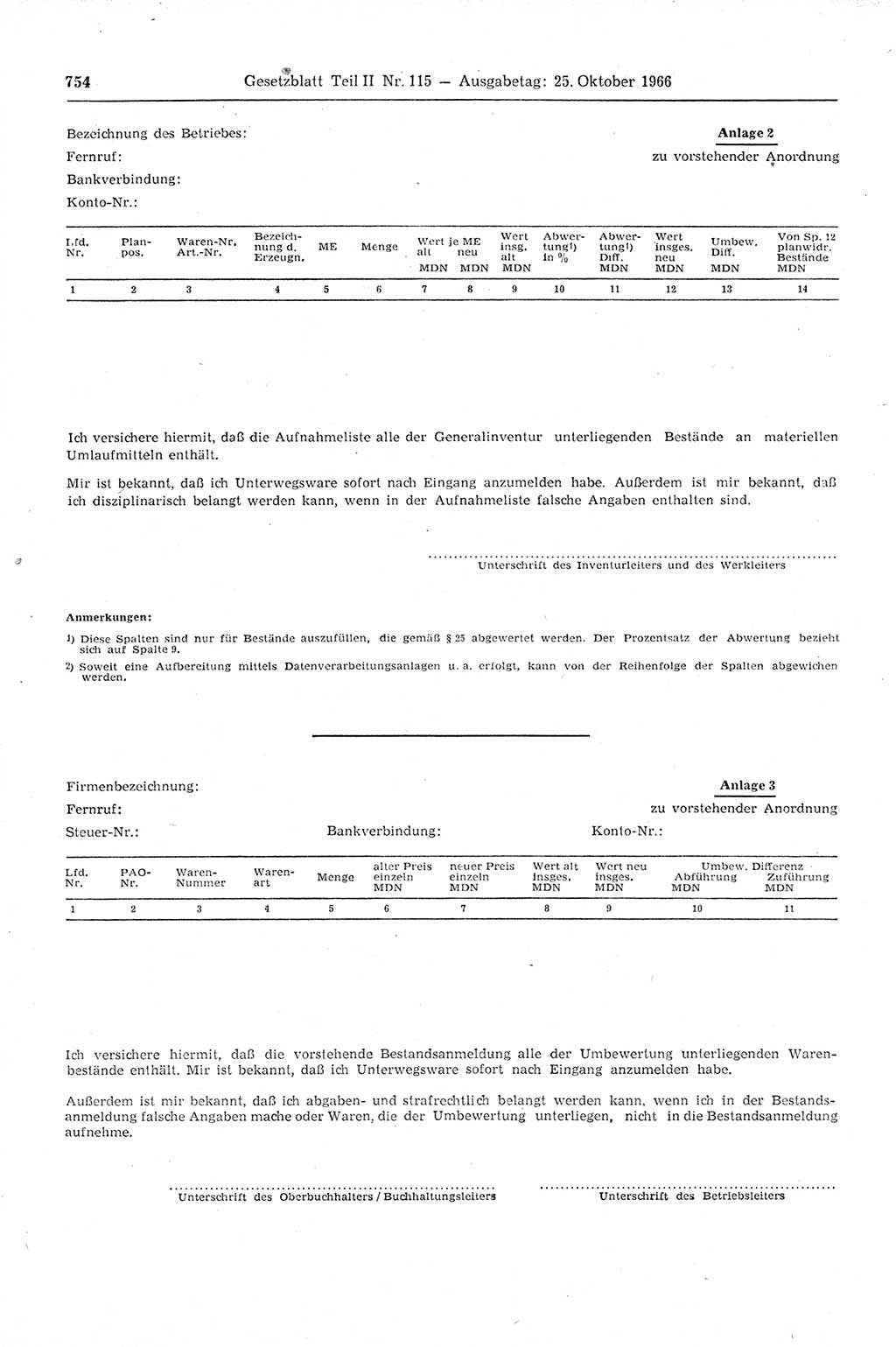 Gesetzblatt (GBl.) der Deutschen Demokratischen Republik (DDR) Teil ⅠⅠ 1966, Seite 754 (GBl. DDR ⅠⅠ 1966, S. 754)
