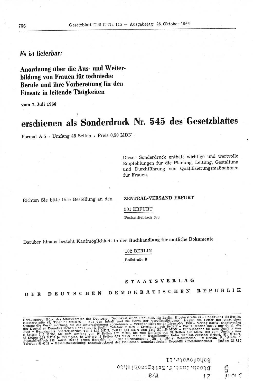 Gesetzblatt (GBl.) der Deutschen Demokratischen Republik (DDR) Teil ⅠⅠ 1966, Seite 756 (GBl. DDR ⅠⅠ 1966, S. 756)