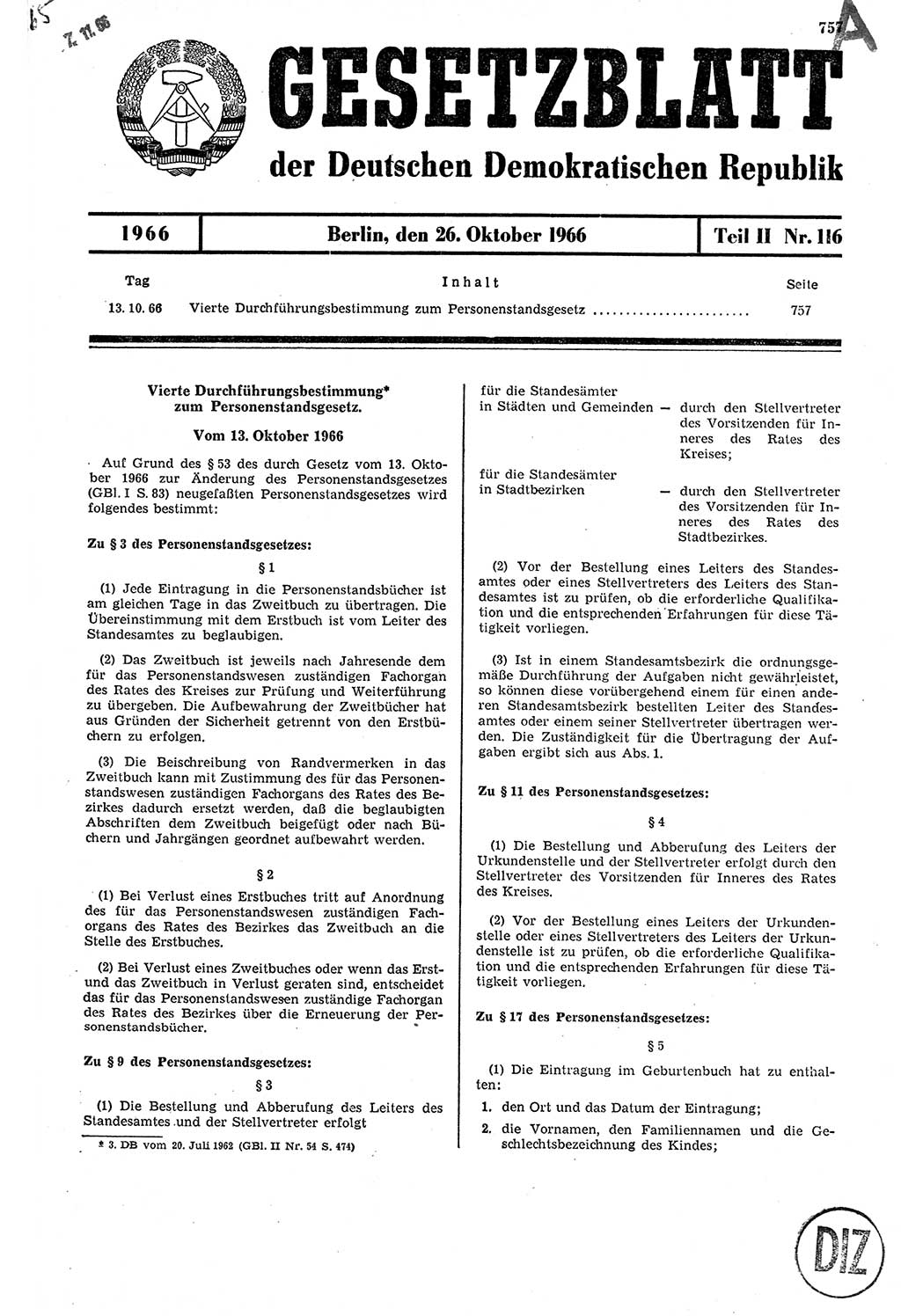 Gesetzblatt (GBl.) der Deutschen Demokratischen Republik (DDR) Teil ⅠⅠ 1966, Seite 757 (GBl. DDR ⅠⅠ 1966, S. 757)