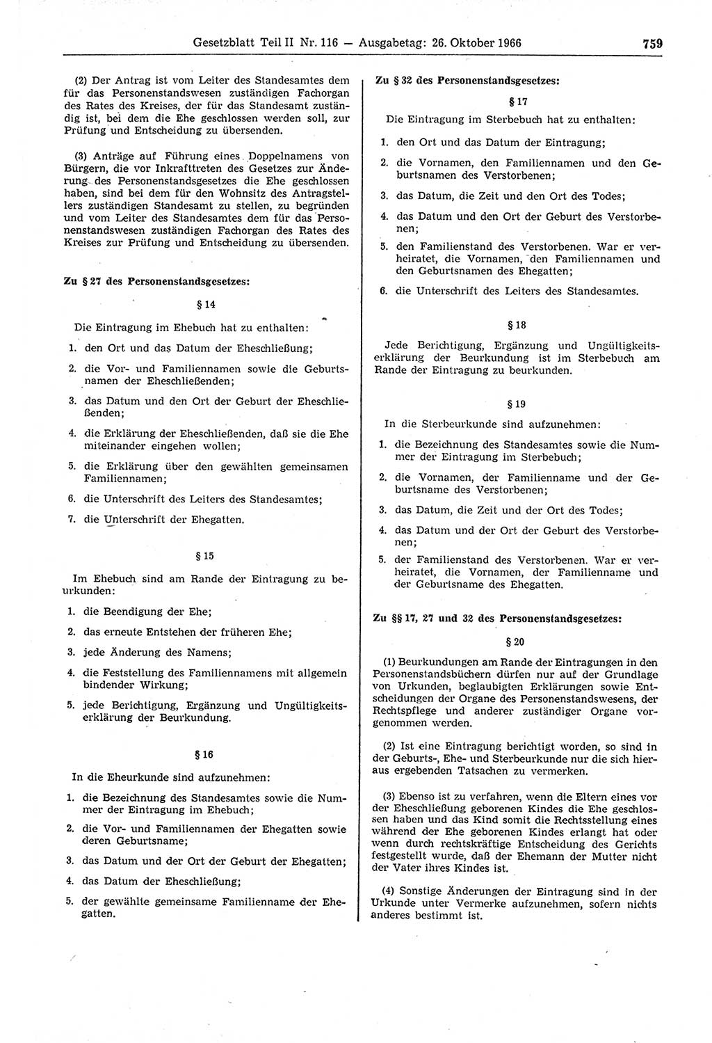 Gesetzblatt (GBl.) der Deutschen Demokratischen Republik (DDR) Teil ⅠⅠ 1966, Seite 759 (GBl. DDR ⅠⅠ 1966, S. 759)