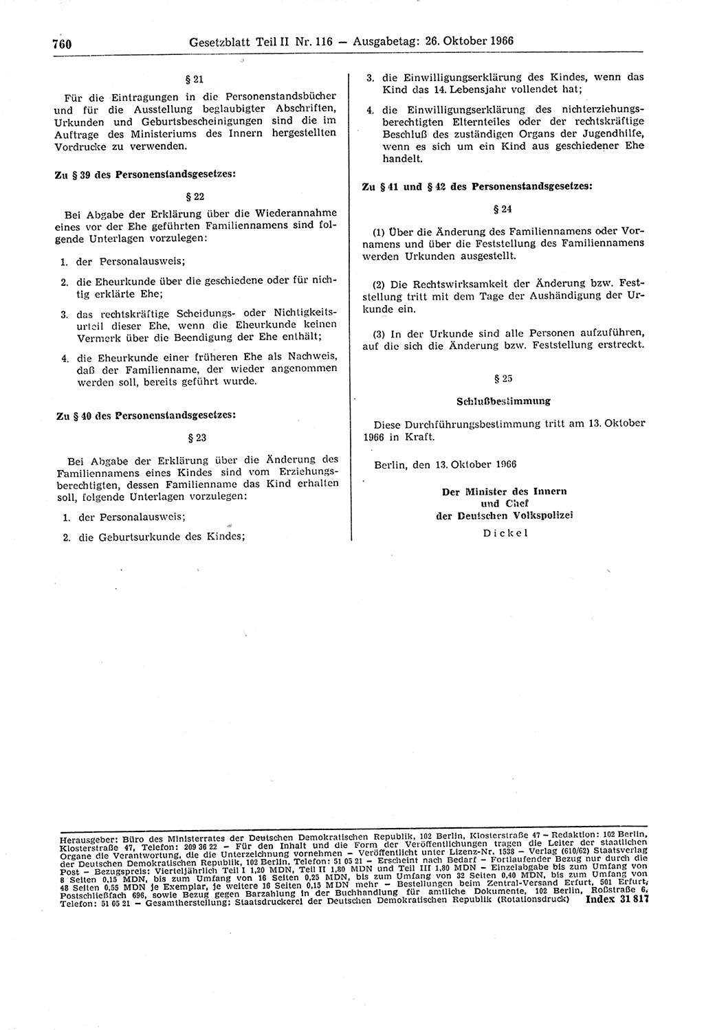 Gesetzblatt (GBl.) der Deutschen Demokratischen Republik (DDR) Teil ⅠⅠ 1966, Seite 760 (GBl. DDR ⅠⅠ 1966, S. 760)