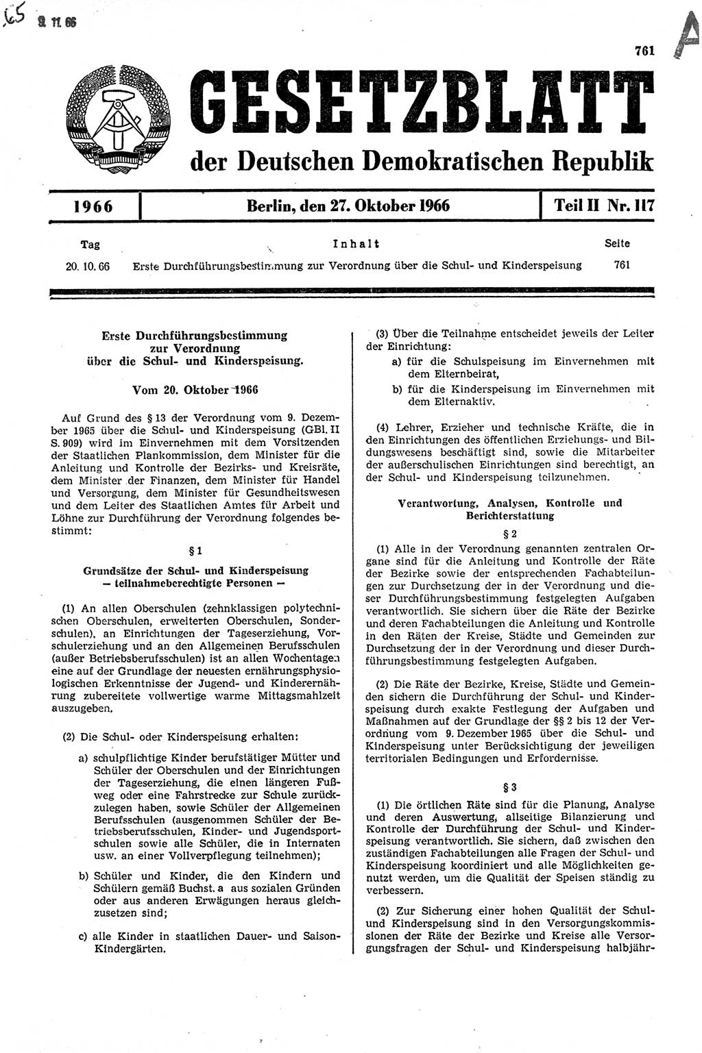 Gesetzblatt (GBl.) der Deutschen Demokratischen Republik (DDR) Teil ⅠⅠ 1966, Seite 761 (GBl. DDR ⅠⅠ 1966, S. 761)