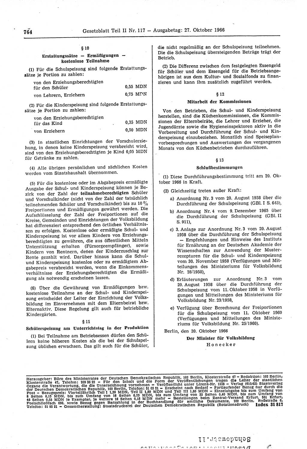 Gesetzblatt (GBl.) der Deutschen Demokratischen Republik (DDR) Teil ⅠⅠ 1966, Seite 764 (GBl. DDR ⅠⅠ 1966, S. 764)