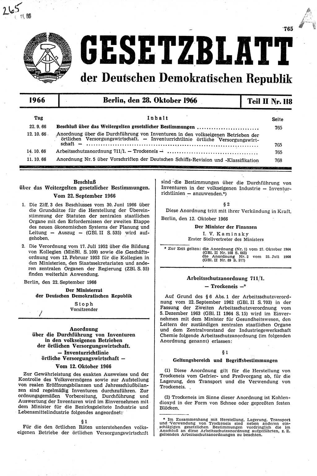 Gesetzblatt (GBl.) der Deutschen Demokratischen Republik (DDR) Teil ⅠⅠ 1966, Seite 765 (GBl. DDR ⅠⅠ 1966, S. 765)