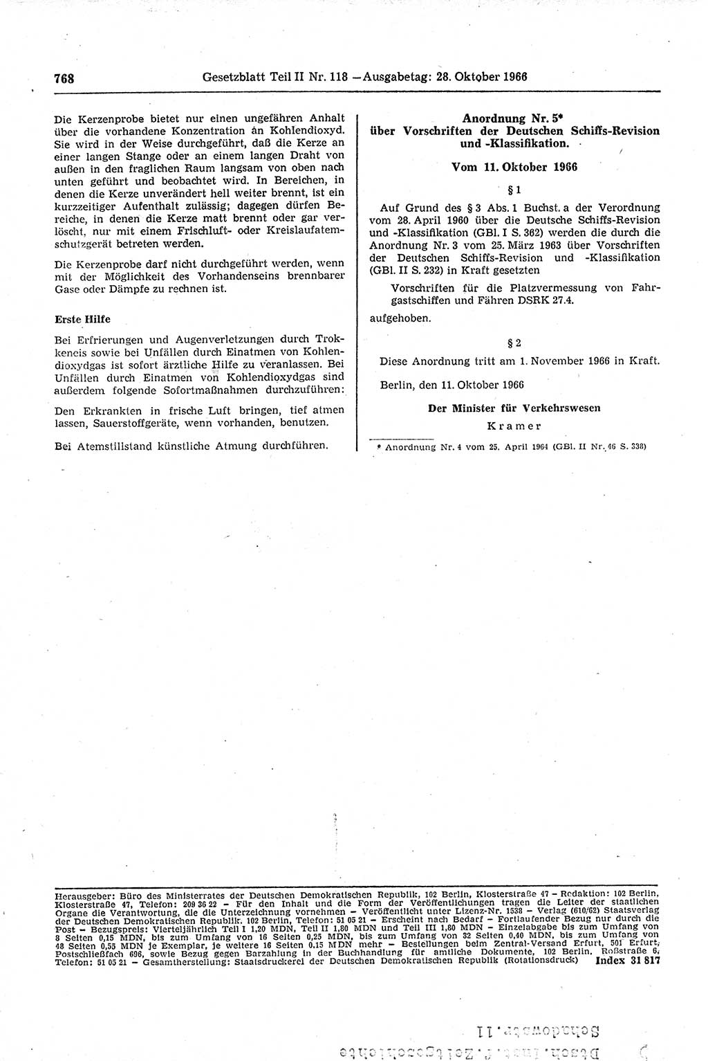 Gesetzblatt (GBl.) der Deutschen Demokratischen Republik (DDR) Teil ⅠⅠ 1966, Seite 768 (GBl. DDR ⅠⅠ 1966, S. 768)