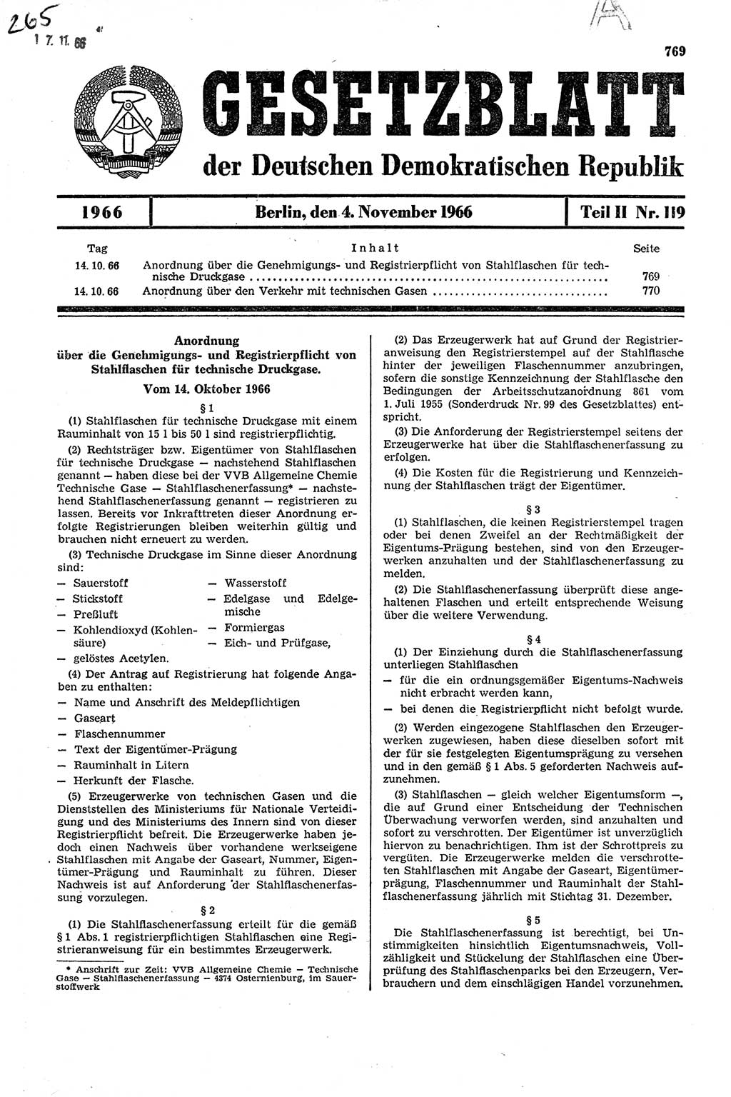 Gesetzblatt (GBl.) der Deutschen Demokratischen Republik (DDR) Teil ⅠⅠ 1966, Seite 769 (GBl. DDR ⅠⅠ 1966, S. 769)
