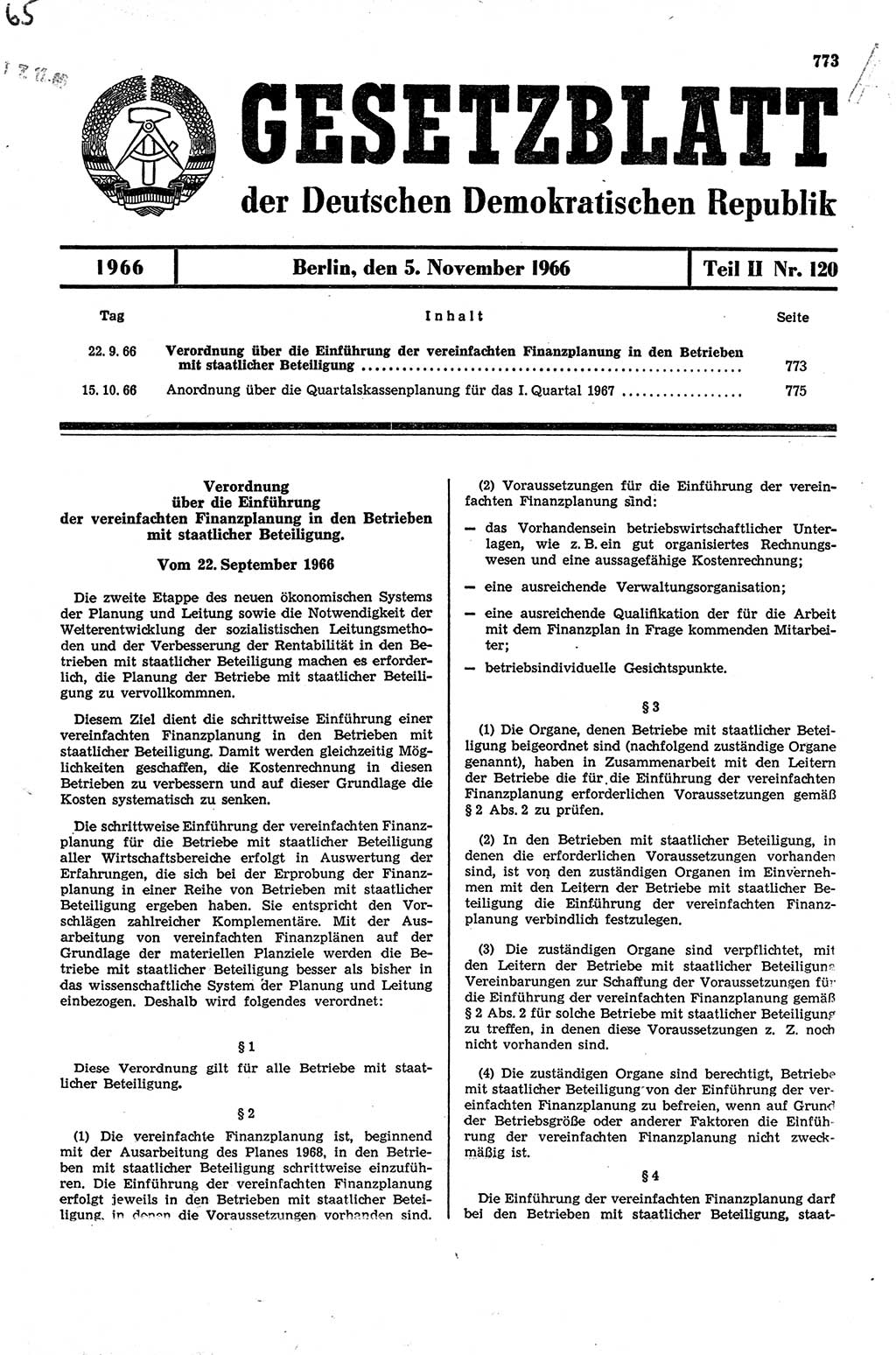 Gesetzblatt (GBl.) der Deutschen Demokratischen Republik (DDR) Teil ⅠⅠ 1966, Seite 773 (GBl. DDR ⅠⅠ 1966, S. 773)