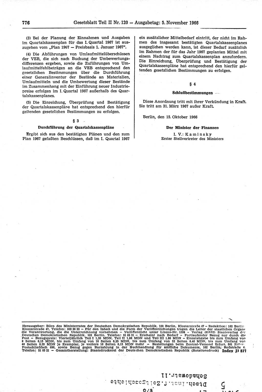 Gesetzblatt (GBl.) der Deutschen Demokratischen Republik (DDR) Teil ⅠⅠ 1966, Seite 776 (GBl. DDR ⅠⅠ 1966, S. 776)