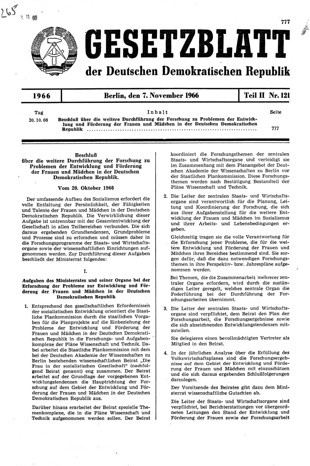 Gesetzblatt (GBl.) der Deutschen Demokratischen Republik (DDR) Teil ⅠⅠ 1966, Seite 777 (GBl. DDR ⅠⅠ 1966, S. 777)