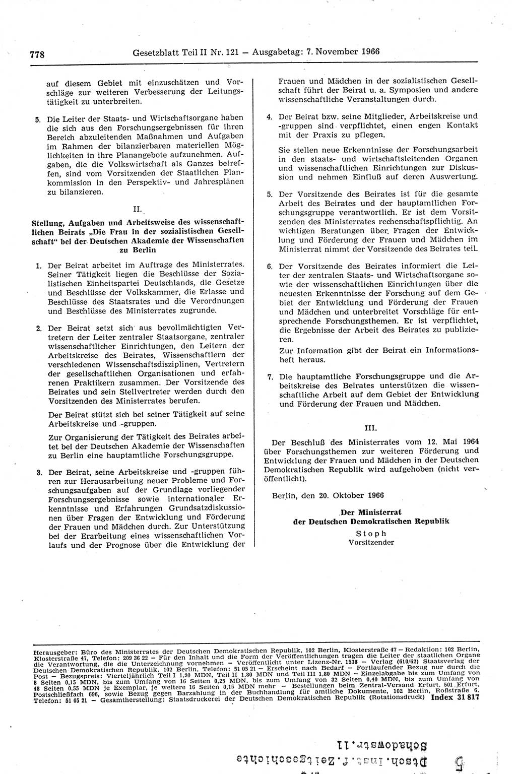 Gesetzblatt (GBl.) der Deutschen Demokratischen Republik (DDR) Teil ⅠⅠ 1966, Seite 778 (GBl. DDR ⅠⅠ 1966, S. 778)