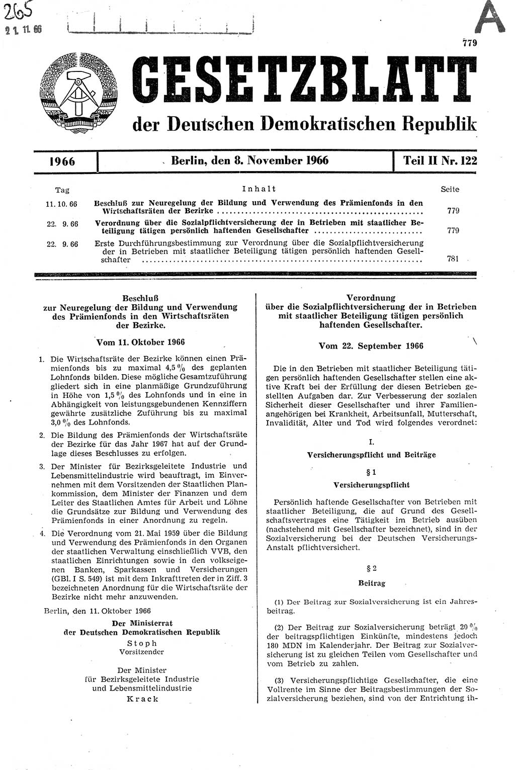 Gesetzblatt (GBl.) der Deutschen Demokratischen Republik (DDR) Teil ⅠⅠ 1966, Seite 779 (GBl. DDR ⅠⅠ 1966, S. 779)