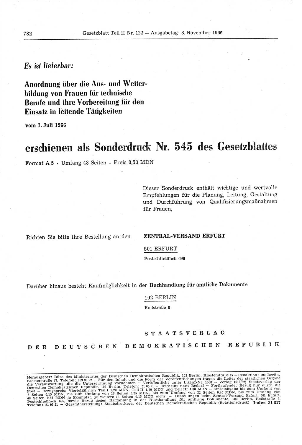 Gesetzblatt (GBl.) der Deutschen Demokratischen Republik (DDR) Teil ⅠⅠ 1966, Seite 782 (GBl. DDR ⅠⅠ 1966, S. 782)