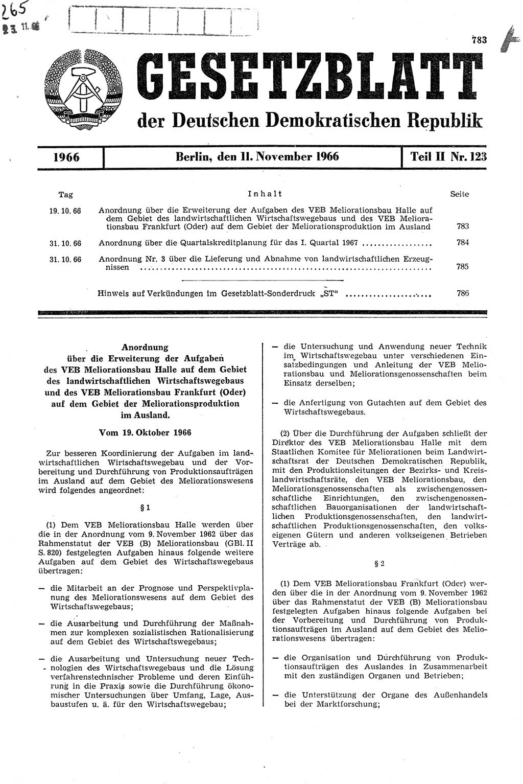 Gesetzblatt (GBl.) der Deutschen Demokratischen Republik (DDR) Teil ⅠⅠ 1966, Seite 783 (GBl. DDR ⅠⅠ 1966, S. 783)