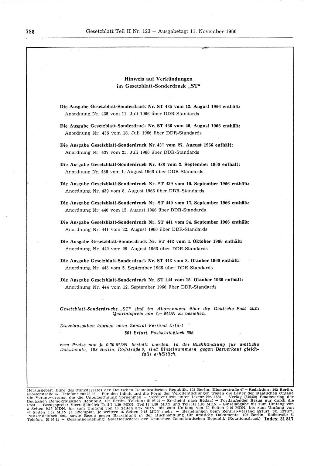 Gesetzblatt (GBl.) der Deutschen Demokratischen Republik (DDR) Teil ⅠⅠ 1966, Seite 786 (GBl. DDR ⅠⅠ 1966, S. 786)