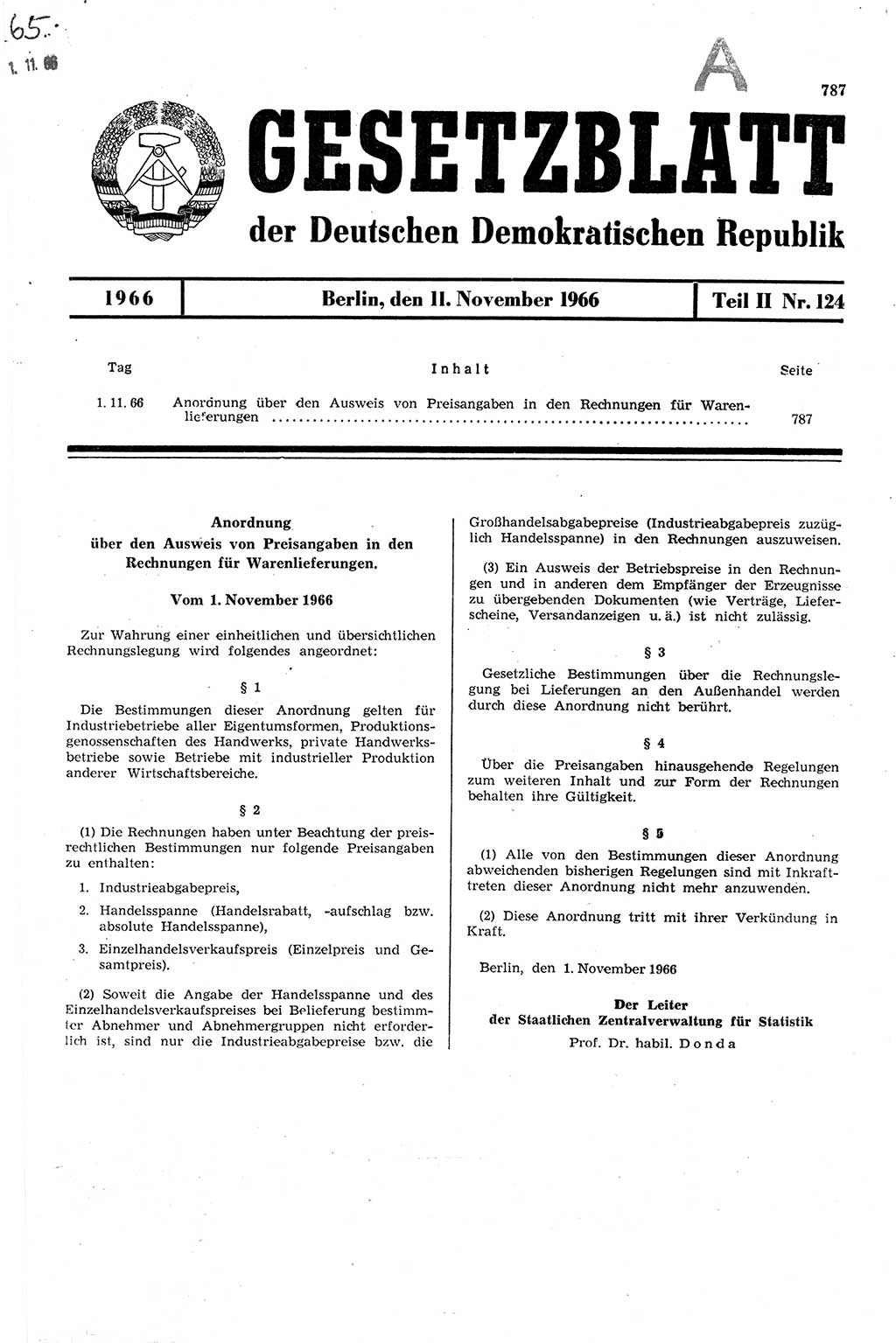 Gesetzblatt (GBl.) der Deutschen Demokratischen Republik (DDR) Teil ⅠⅠ 1966, Seite 787 (GBl. DDR ⅠⅠ 1966, S. 787)