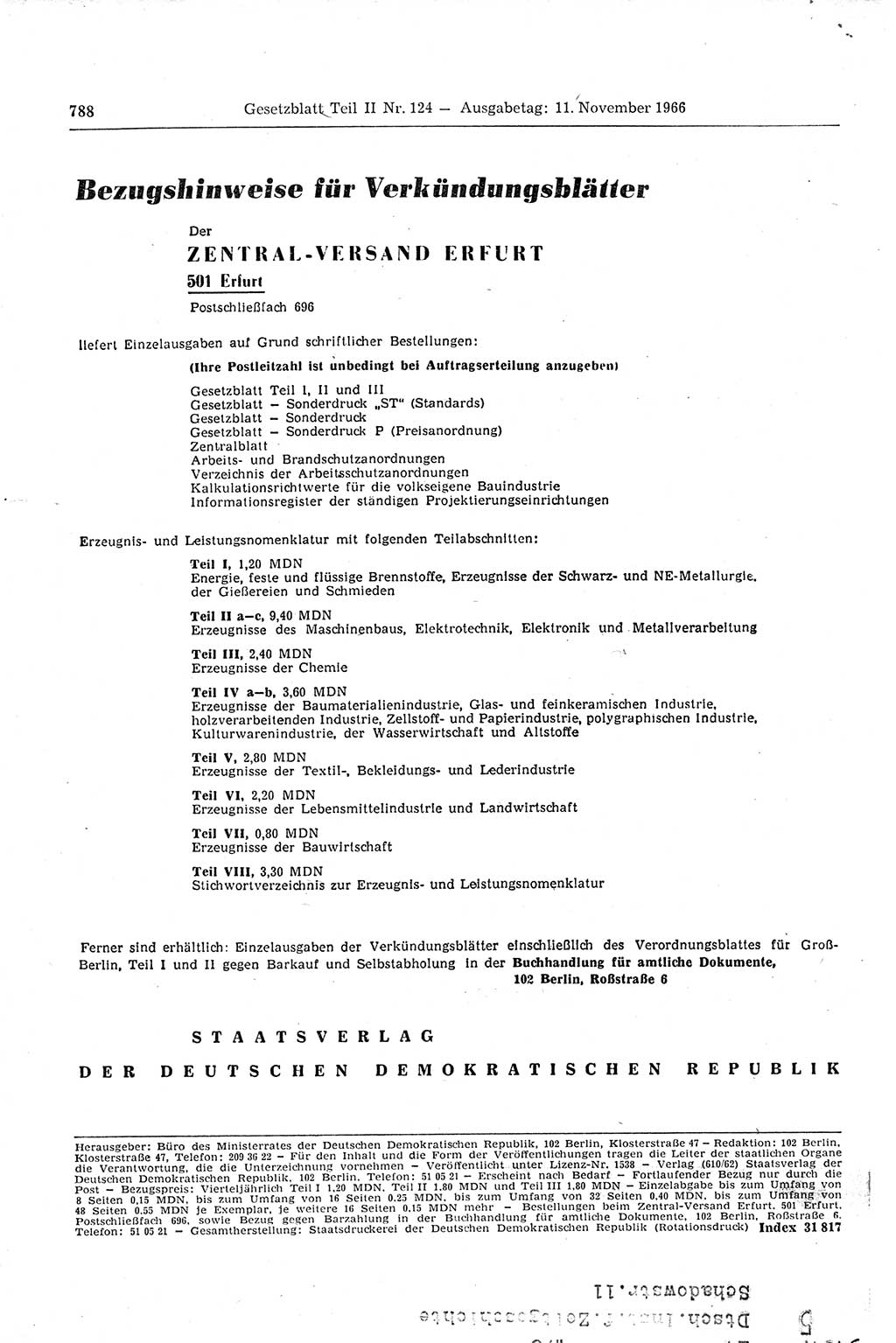 Gesetzblatt (GBl.) der Deutschen Demokratischen Republik (DDR) Teil ⅠⅠ 1966, Seite 788 (GBl. DDR ⅠⅠ 1966, S. 788)
