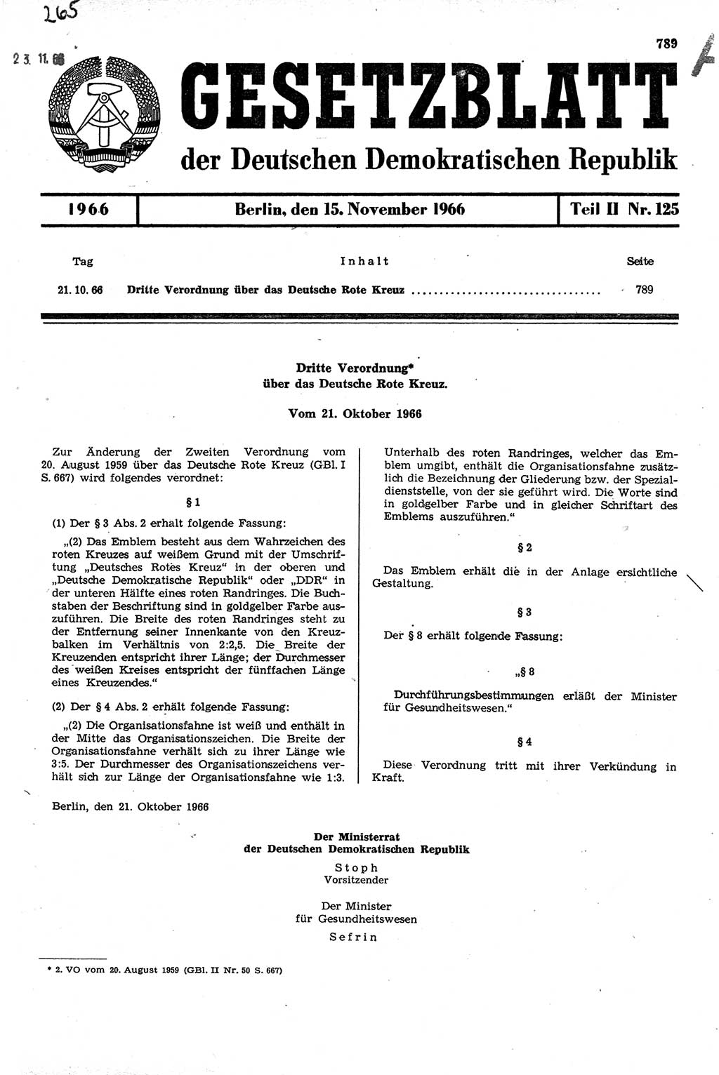 Gesetzblatt (GBl.) der Deutschen Demokratischen Republik (DDR) Teil ⅠⅠ 1966, Seite 789 (GBl. DDR ⅠⅠ 1966, S. 789)