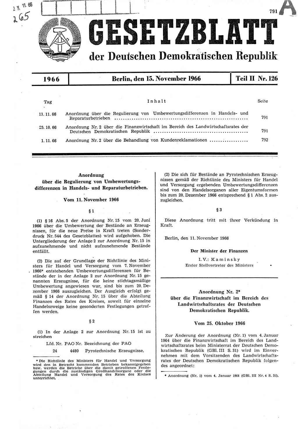 Gesetzblatt (GBl.) der Deutschen Demokratischen Republik (DDR) Teil ⅠⅠ 1966, Seite 791 (GBl. DDR ⅠⅠ 1966, S. 791)