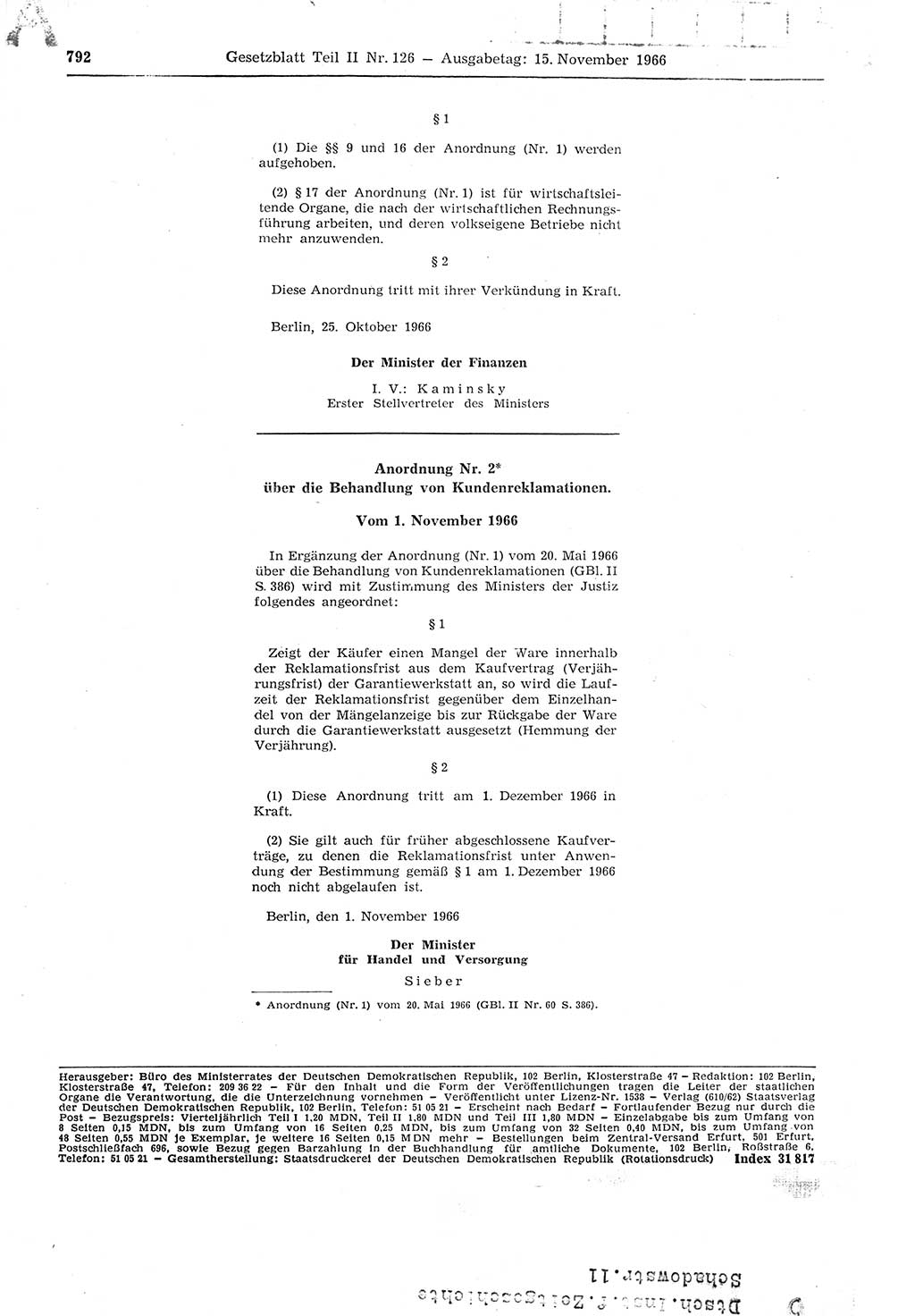 Gesetzblatt (GBl.) der Deutschen Demokratischen Republik (DDR) Teil ⅠⅠ 1966, Seite 792 (GBl. DDR ⅠⅠ 1966, S. 792)
