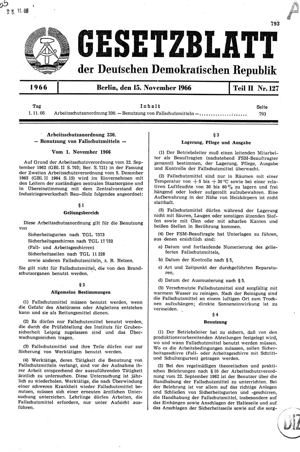 Gesetzblatt (GBl.) der Deutschen Demokratischen Republik (DDR) Teil ⅠⅠ 1966, Seite 793 (GBl. DDR ⅠⅠ 1966, S. 793)