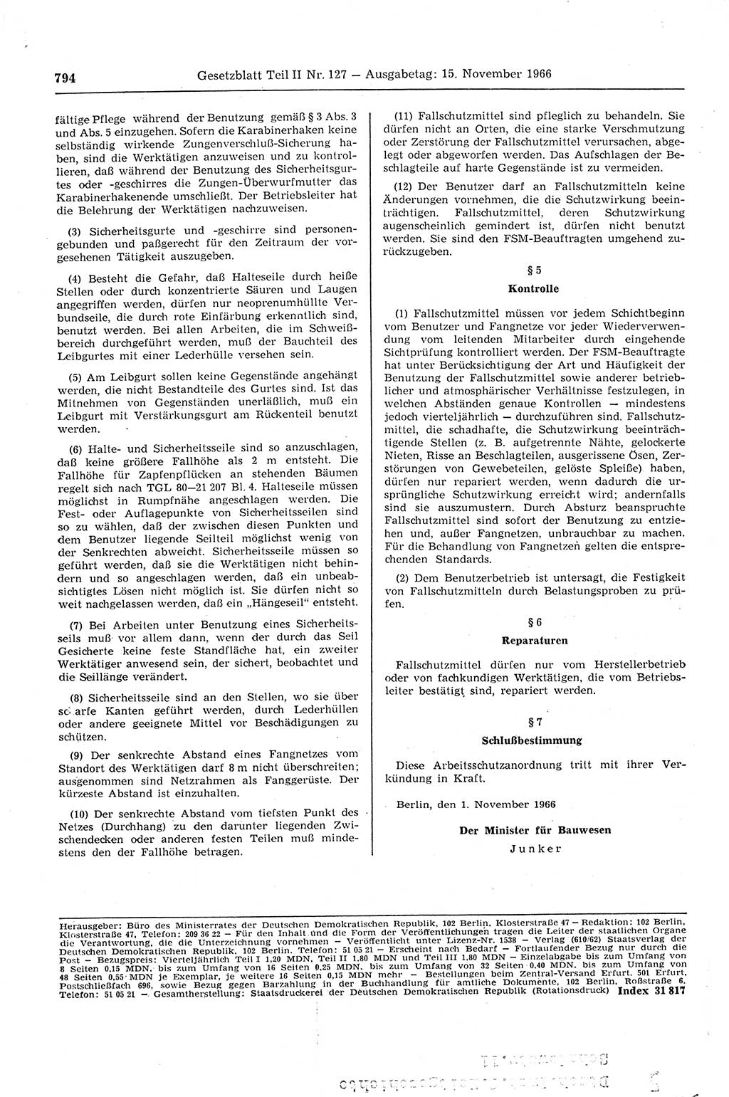 Gesetzblatt (GBl.) der Deutschen Demokratischen Republik (DDR) Teil ⅠⅠ 1966, Seite 794 (GBl. DDR ⅠⅠ 1966, S. 794)
