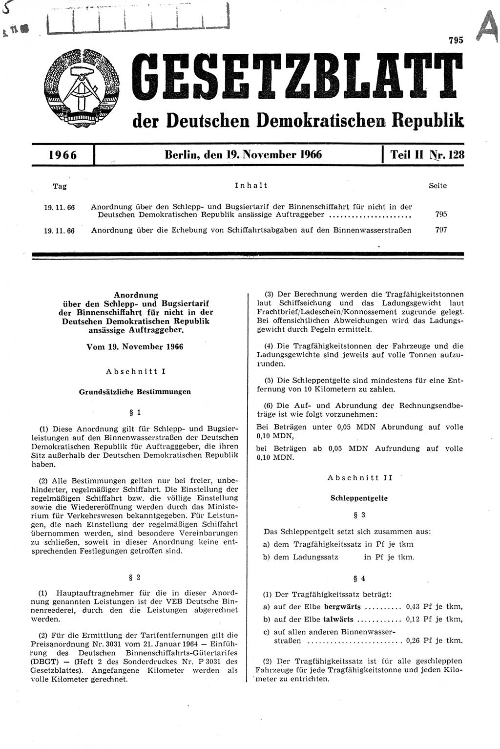 Gesetzblatt (GBl.) der Deutschen Demokratischen Republik (DDR) Teil ⅠⅠ 1966, Seite 795 (GBl. DDR ⅠⅠ 1966, S. 795)