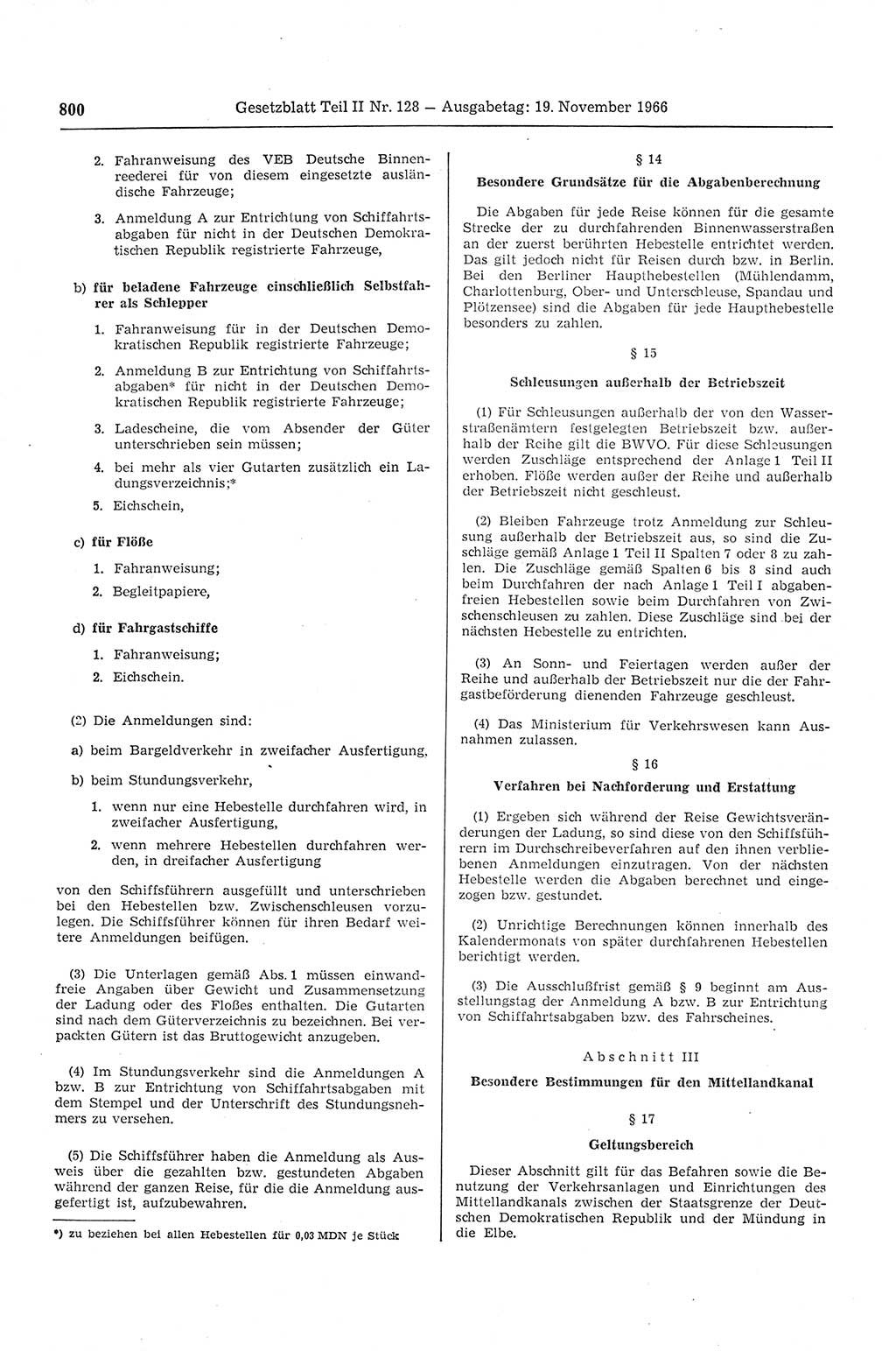 Gesetzblatt (GBl.) der Deutschen Demokratischen Republik (DDR) Teil ⅠⅠ 1966, Seite 800 (GBl. DDR ⅠⅠ 1966, S. 800)