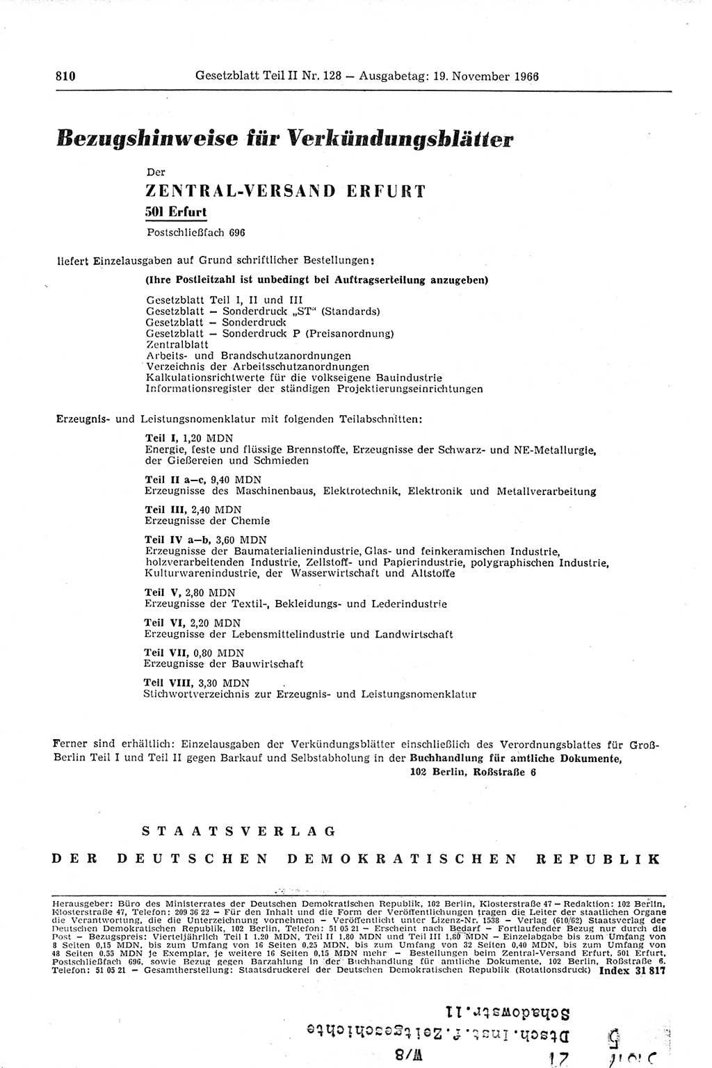 Gesetzblatt (GBl.) der Deutschen Demokratischen Republik (DDR) Teil ⅠⅠ 1966, Seite 810 (GBl. DDR ⅠⅠ 1966, S. 810)