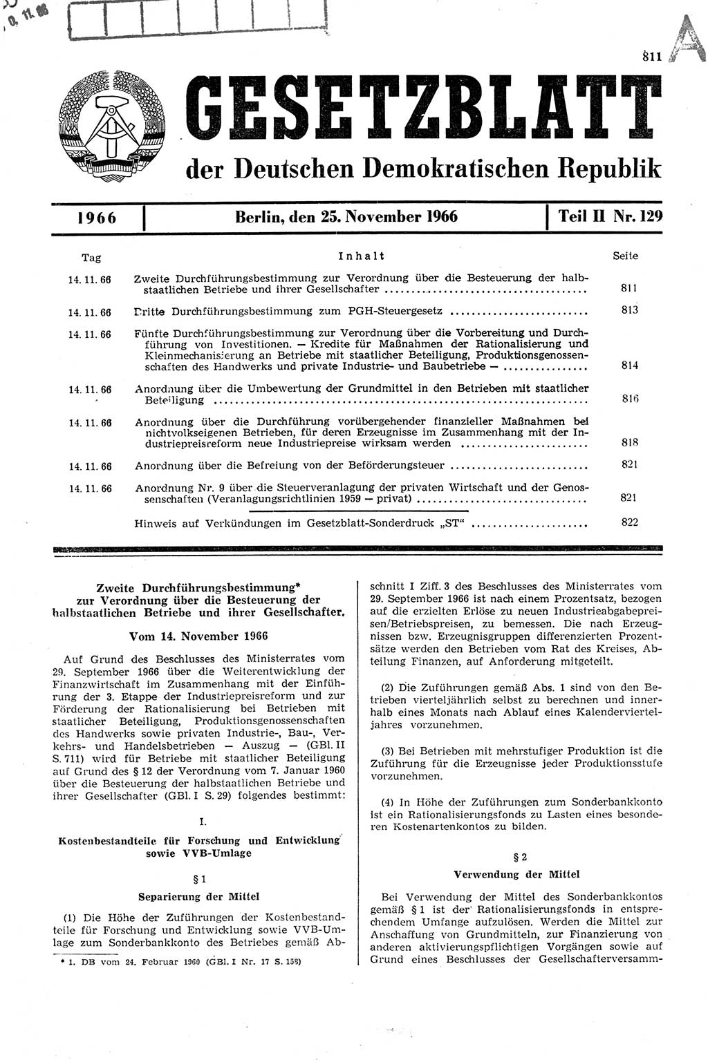 Gesetzblatt (GBl.) der Deutschen Demokratischen Republik (DDR) Teil ⅠⅠ 1966, Seite 811 (GBl. DDR ⅠⅠ 1966, S. 811)
