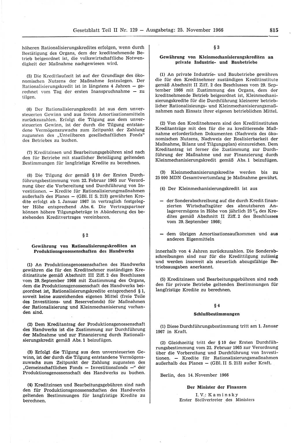 Gesetzblatt (GBl.) der Deutschen Demokratischen Republik (DDR) Teil ⅠⅠ 1966, Seite 815 (GBl. DDR ⅠⅠ 1966, S. 815)