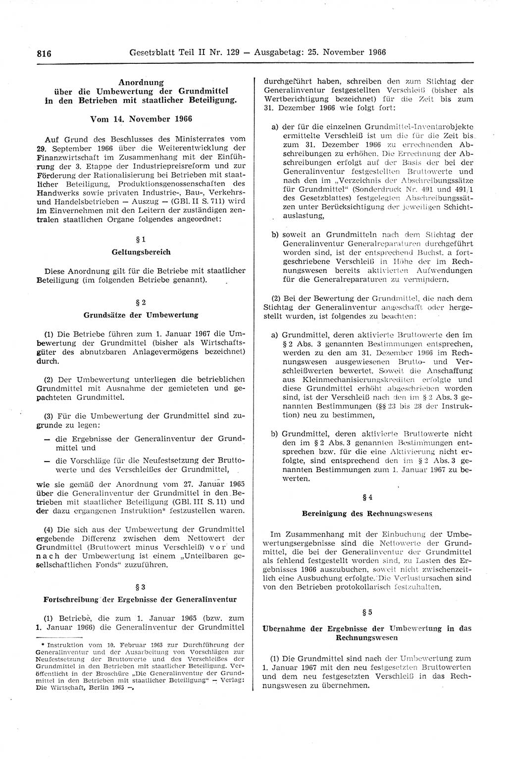 Gesetzblatt (GBl.) der Deutschen Demokratischen Republik (DDR) Teil ⅠⅠ 1966, Seite 816 (GBl. DDR ⅠⅠ 1966, S. 816)
