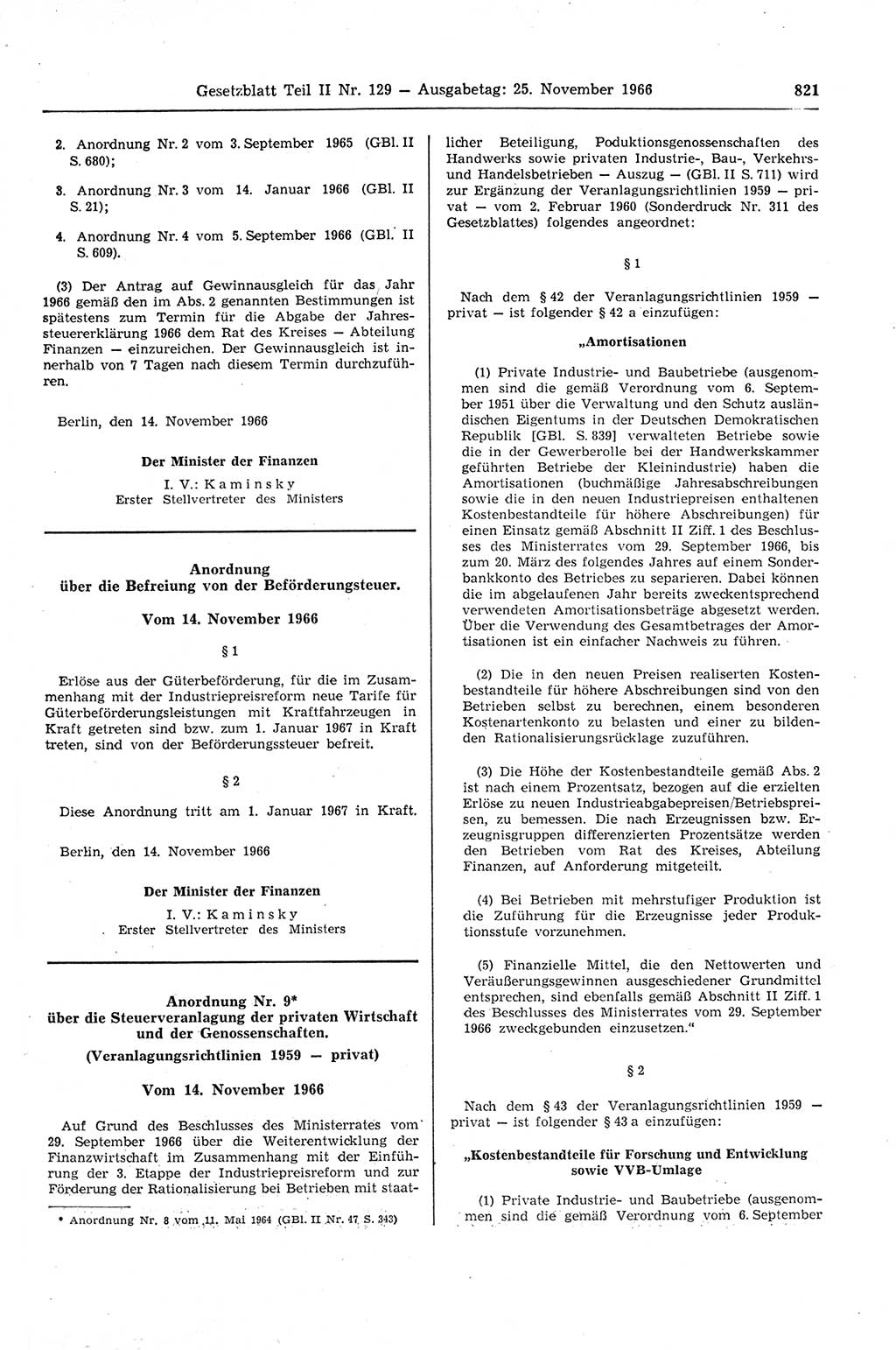 Gesetzblatt (GBl.) der Deutschen Demokratischen Republik (DDR) Teil ⅠⅠ 1966, Seite 821 (GBl. DDR ⅠⅠ 1966, S. 821)