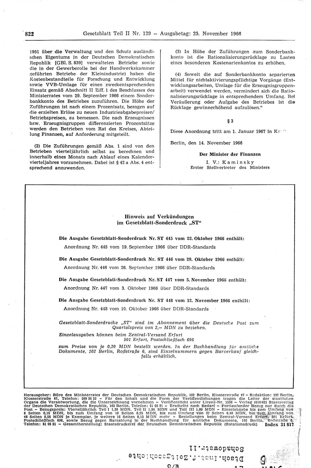 Gesetzblatt (GBl.) der Deutschen Demokratischen Republik (DDR) Teil ⅠⅠ 1966, Seite 822 (GBl. DDR ⅠⅠ 1966, S. 822)