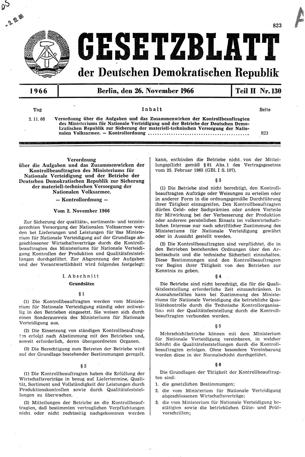 Gesetzblatt (GBl.) der Deutschen Demokratischen Republik (DDR) Teil ⅠⅠ 1966, Seite 823 (GBl. DDR ⅠⅠ 1966, S. 823)